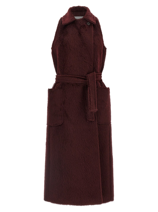 Overcoat by Max Mara for women in virgin alpaca wool & viscose bordeaux, jacquard & monogram features an voluminous silhouette, showcasing distinct pockets and a voluminous split lapel neckline for a truly voluminous aesthetic.