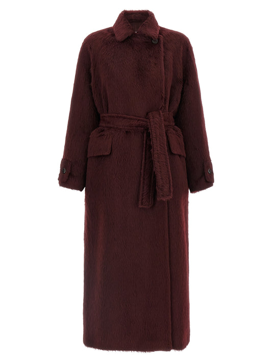 Overcoat by Max Mara for women in virgin alpaca wool & viscose bordeaux, jacquard, signature & monogram showcases a architectural silhouette, artfully detailed with a distinctive wrap split lapel neckline and functional pockets for a architectural finish.