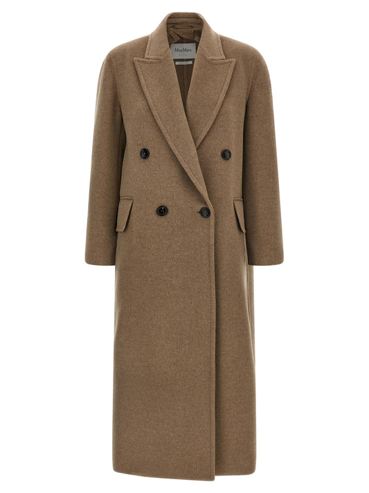 Overcoat by Max Mara for women in cashmere beige presents a luxurious silhouette, showcasing a luxurious wrap lapel neckline and sophisticated lightweight & pockets for a premium, luxurious look.