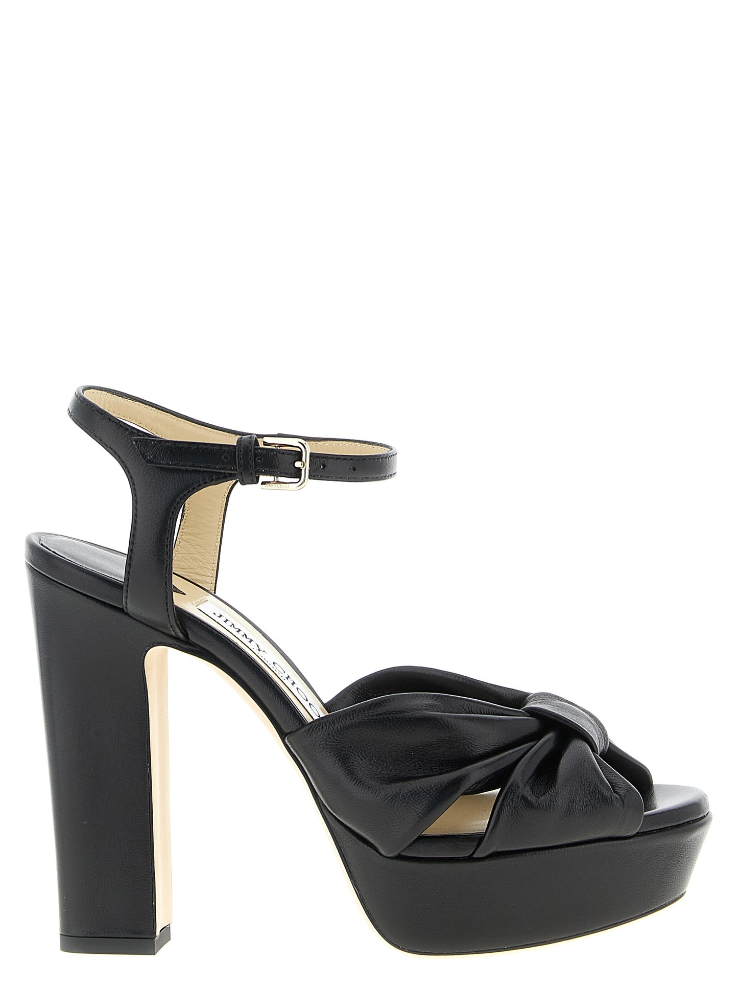 Platform Stiletto Ankle Strap Sandals by Jimmy Choo for women in leather & satin black presents a sculptural silhouette, showcasing the Women's Leather & Satin Platform Stiletto Ankle Strap Sandals design with a sculptural stiletto platform and for a premium look.