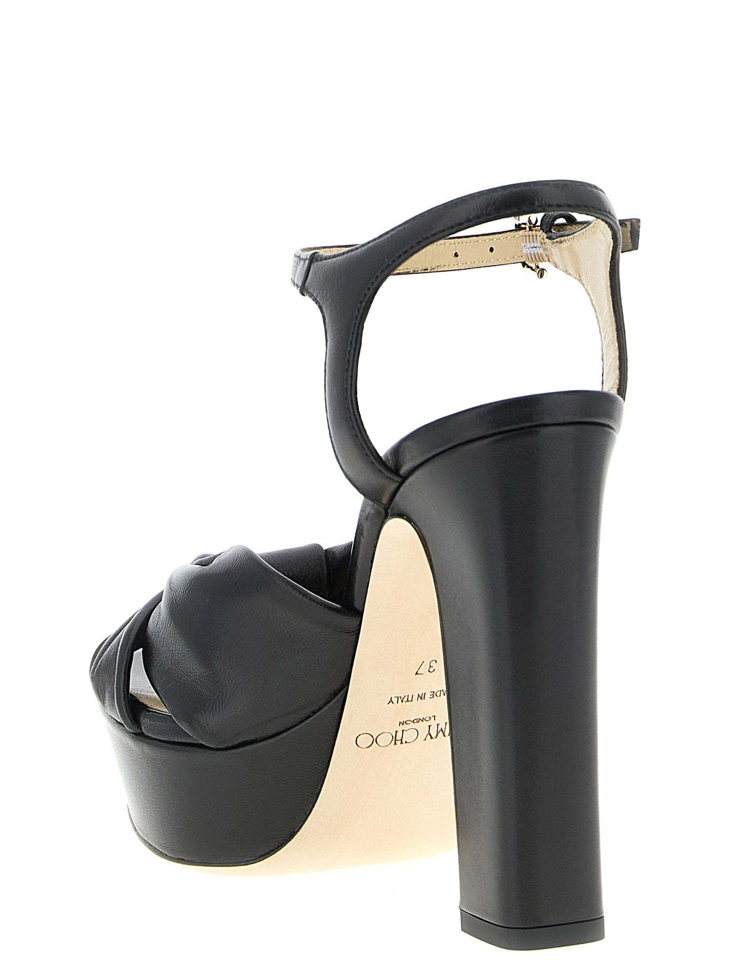Platform Stiletto Ankle Strap Sandals by Jimmy Choo for women in leather & satin black showcases a sculptural silhouette as Women's Leather & Satin Platform Stiletto Ankle Strap Sandals, defined by a sculptural stiletto platform and sculptural for a sculptural look.