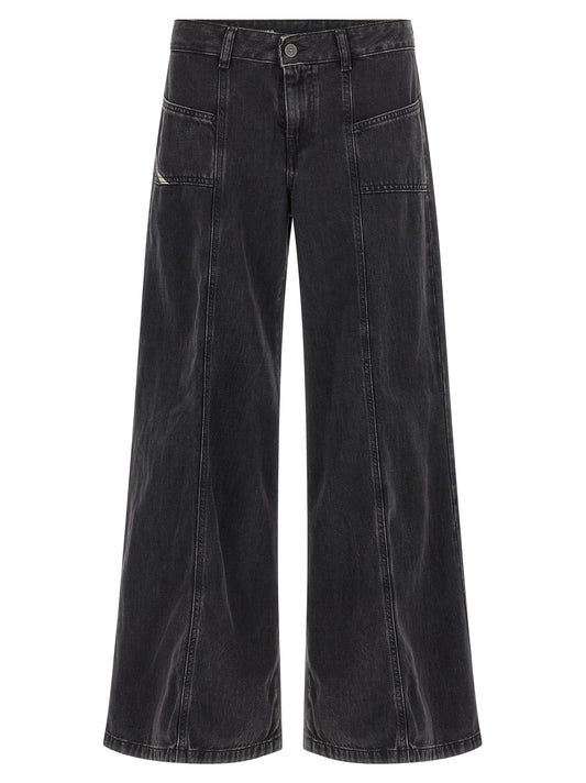 Jeans by Diesel for women in lyocell & denim cotton black presents a tailored silhouette, showcasing a tailored wide and long cut with a refined mid rise for a truly tailored aesthetic.