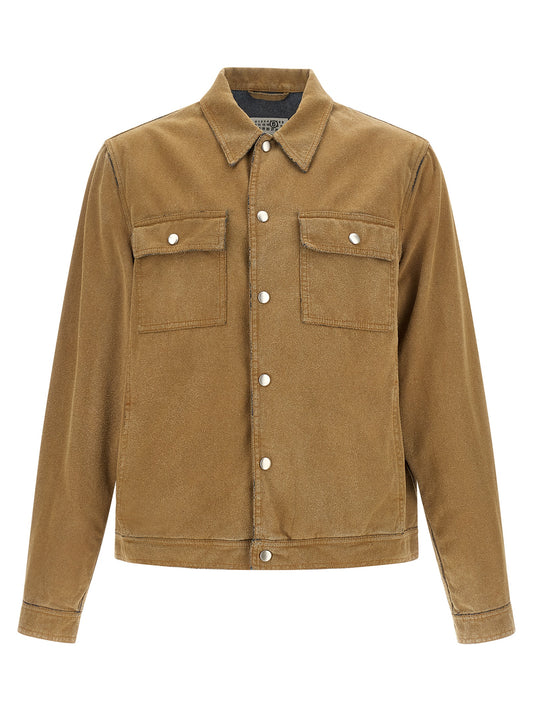 Trucker Jacket by MM6 Maison Margiela for men in cotton denim plush & suede leather beige features an on trend silhouette, showcasing refined pockets and a sophisticated shirt-collar neckline for a truly on trend finish.