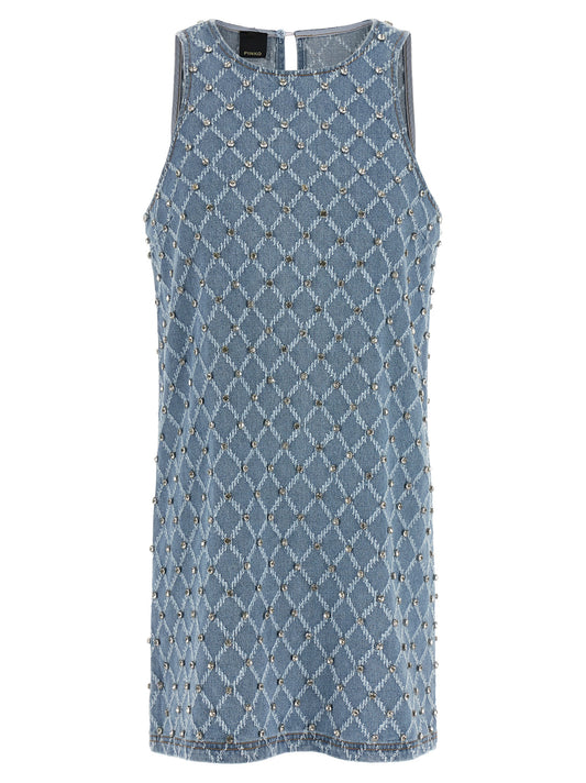 Dress by PINKO for women in denim cotton light-blue, patterned & jacquard showcases a striking silhouette, elegantly detailed with a sleeveless, refined crew neckline, and a striking short mini for a striking finish.