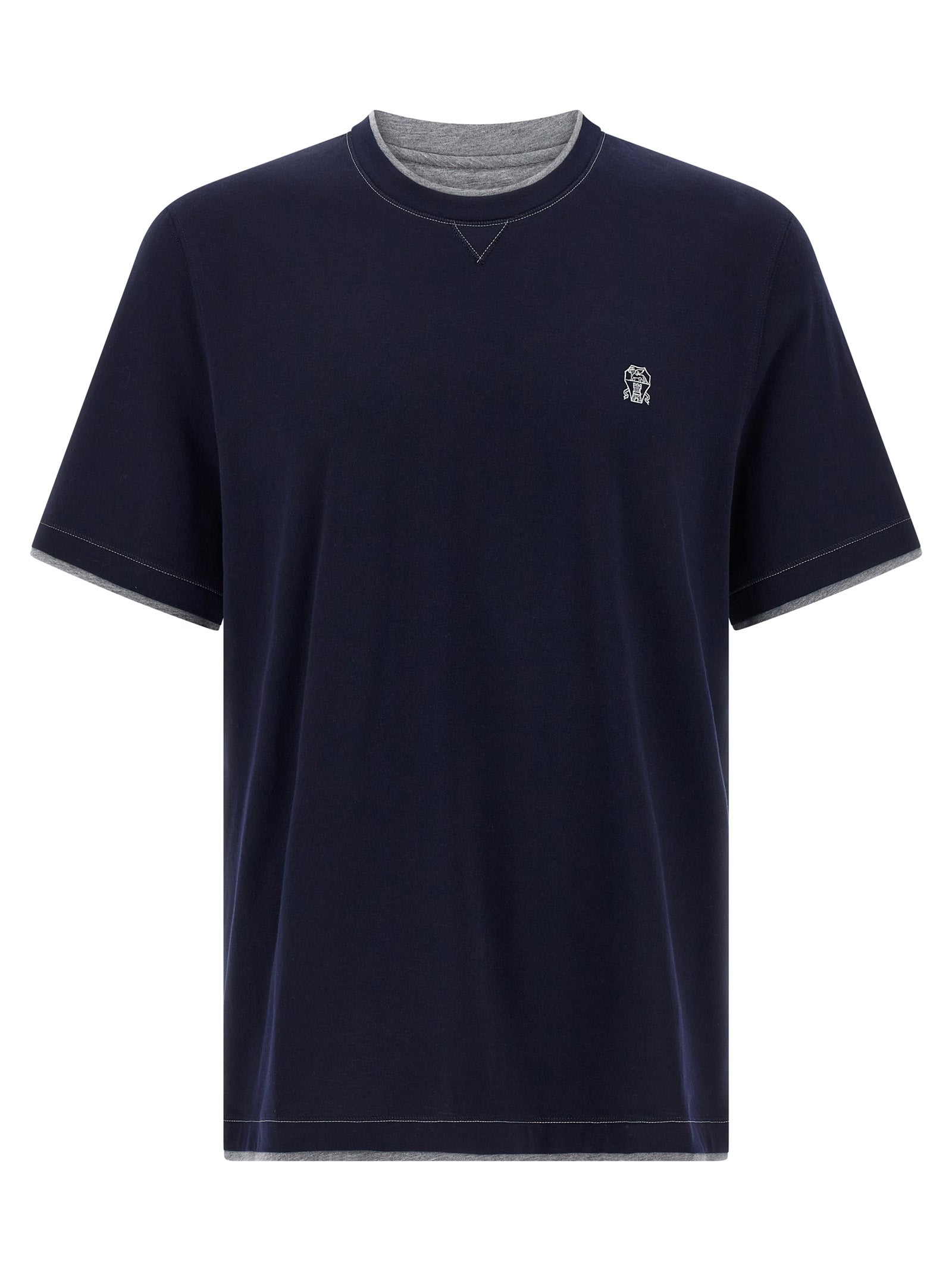T-Shirt by Brunello Cucinelli for men in cotton blue & signature features an edgy silhouette, meticulously detailed with a sophisticated short-sleeve and crew neckline for a truly edgy finish.