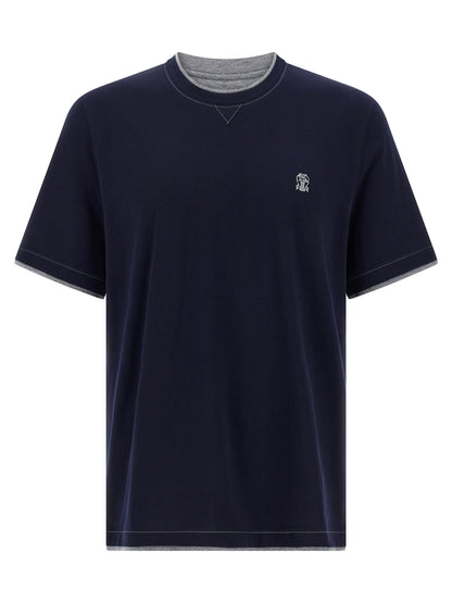 T-Shirt by Brunello Cucinelli for men in cotton blue & signature features an edgy silhouette, meticulously detailed with a sophisticated short-sleeve and crew neckline for a truly edgy finish.