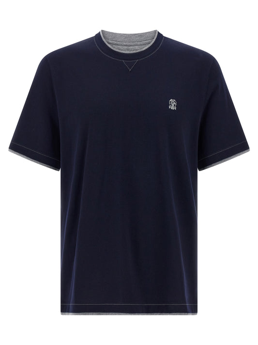 T-Shirt by Brunello Cucinelli for men in cotton blue & signature features an edgy silhouette, meticulously detailed with a sophisticated short-sleeve and crew neckline for a truly edgy finish.