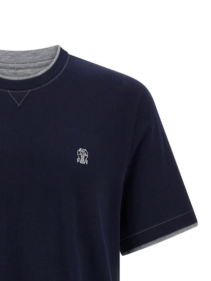 T-Shirt by Brunello Cucinelli for men in cotton blue & signature showcases a chic silhouette, artfully detailed with a chic crew neckline and for a chic finish.