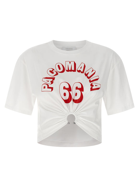 T-Shirt by Paco Rabanne for women in stretch cotton white showcases a dramatic silhouette, elegantly detailed with a dramatic crew neckline and short-sleeve for a truly dramatic finish.