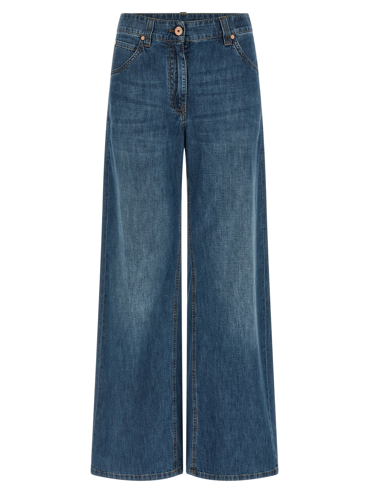 Jeans by Brunello Cucinelli for women in cotton denim blue presents a tailored silhouette, showcasing a tailored relaxed-fit & wide and long cut with a refined for a truly tailored aesthetic.
