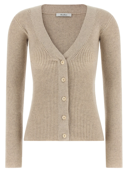 Cardigan by Max Mara for women in polyamide & cashmere beige features an impeccable silhouette, showcasing a sophisticated v-neck neckline and long-sleeve detail for a truly impeccable finish.