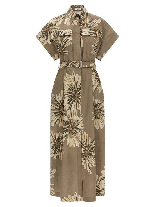 Dress by Brunello Cucinelli for women in cotton bicolour, green, floral & print features an sultry silhouette defined by a split neckline and short-sleeve, falling to an sultry short long for a sultry look.