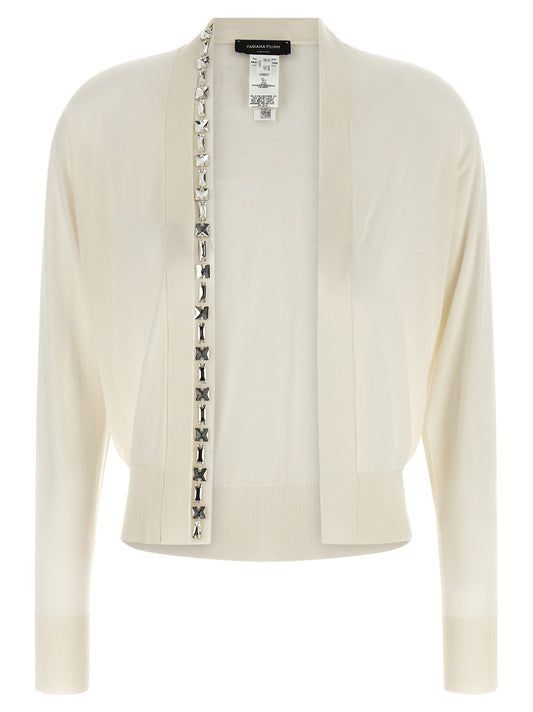 Cardigan by Fabiana Filippi for women in silk cashmere & crystal white features an crisp silhouette, showcasing a sophisticated and long-sleeve detail for a truly crisp finish.