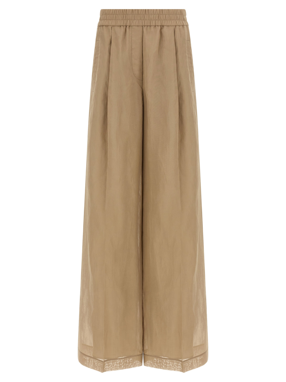 Casual Pants by Brunello Cucinelli for women in cotton & silk beige features an refined tailoring silhouette, showcasing a premium wide with a and long cut for a refined tailoring look.