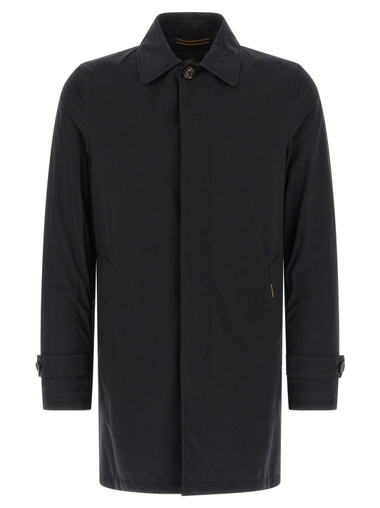 Trench Coat by MooRER for men in stretch polyamide blue presents a utilitarian silhouette, showcasing a utilitarian split shirt-collar neckline and sophisticated pockets for a truly utilitarian look.