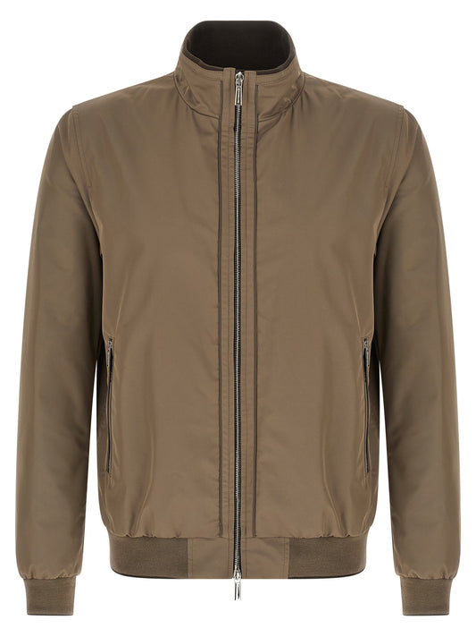 Bomber Jacket by MooRER for men in polyester beige features a dramatic silhouette, showcasing a sophisticated and distinctive pockets for a dramatic aesthetic.