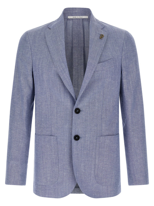 Blazer by Pal Zileri for men in cotton linen & wool light-blue showcases a polished silhouette, highlighted by a refined and polished for a sophisticated finish.