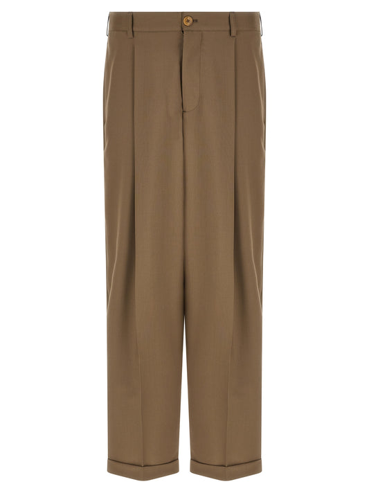Trousers by Marni for men in virgin wool beige presents a perennial silhouette, meticulously tailored with a wide cut, long finish, and an elegant high rise.