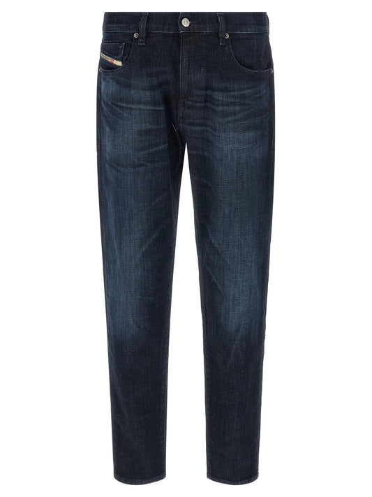 Jeans by Diesel for men in stretch denim cotton blue presents a tailored silhouette, showcasing a tailored straight-leg and long cut with a refined mid rise for a truly tailored aesthetic.