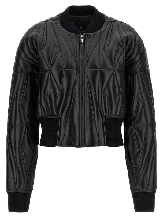 Rick Owens Men's Crop Top Quilted Padded Lamb Leather & Nylon Bomber Jacket - Black Patterned Signature