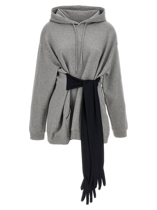 Hooded Dress by MM6 Maison Margiela for women in stretch cotton gray & white features an eye catching silhouette with a sophisticated hooded neckline, elegant long-sleeve, and a refined short mini for a eye catching aesthetic.