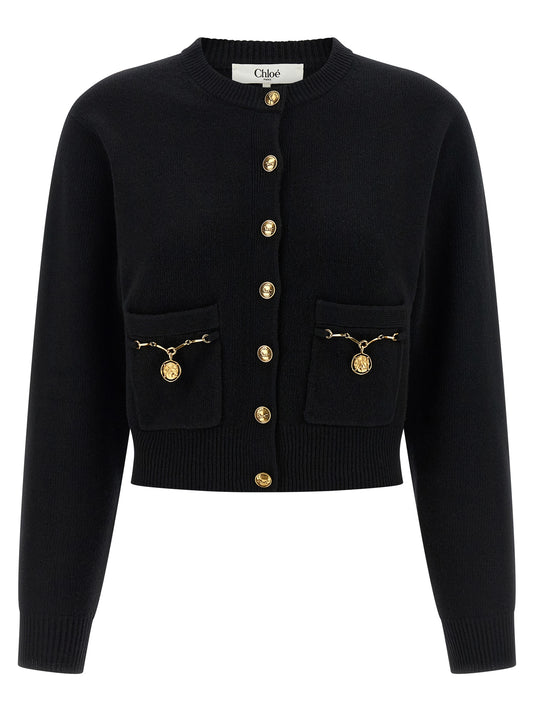Cardigan by Chloé for women in cashmere merino wool & horse leather black features a nuanced silhouette with a refined and nuanced long-sleeve detailing for a sophisticated look.