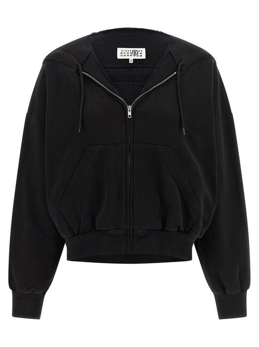 Sweatshirt Hoodie by MM6 Maison Margiela for women in cotton black, white & signature features a edgy silhouette, detailed with a edgy v-neck hooded neckline and long-sleeve for a refined finish.