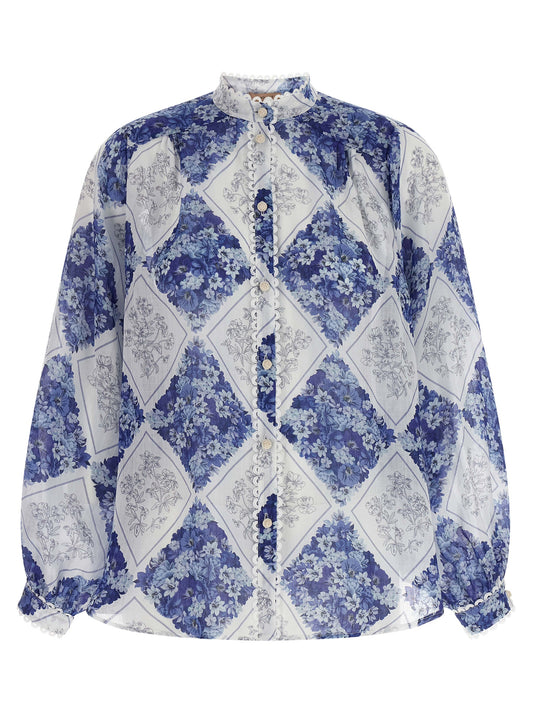 Blouse by Twinset for women in ramie & leather blue, patterned, floral & print, featuring a nuanced and nuanced mandarin neckline for a sophisticated finish.