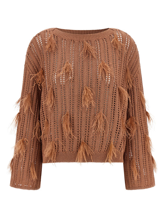 Cardigan by Twinset for women in cotton viscose & ostrich leather brown & patterned presents a textural silhouette, artfully finished with a textural boat neckline and long-sleeve for a sophisticated, textural look.