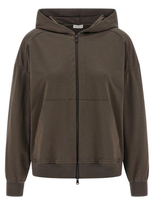 Sweatshirt Hoodie by Brunello Cucinelli for women in stretch cotton brown features an dramatic silhouette, showcasing a sophisticated hooded neckline and dramatic long-sleeve for a refined, modern aesthetic.