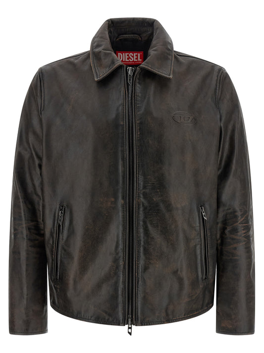 Jacket by Diesel for men in cowhide leather & viscose brown & monogram showcases a enveloping silhouette, artfully detailed with a enveloping shirt-collar neckline and premium pockets for a truly enveloping finish.