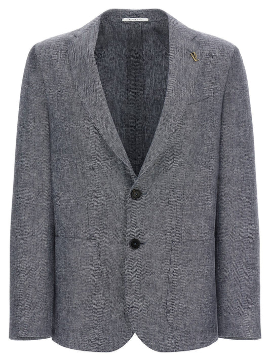 Blazer by Pal Zileri for men in polyester & linen blue, patterned & chevron presents a distinguished silhouette, detailed with a distinguished and distinctive for a truly sophisticated finish.