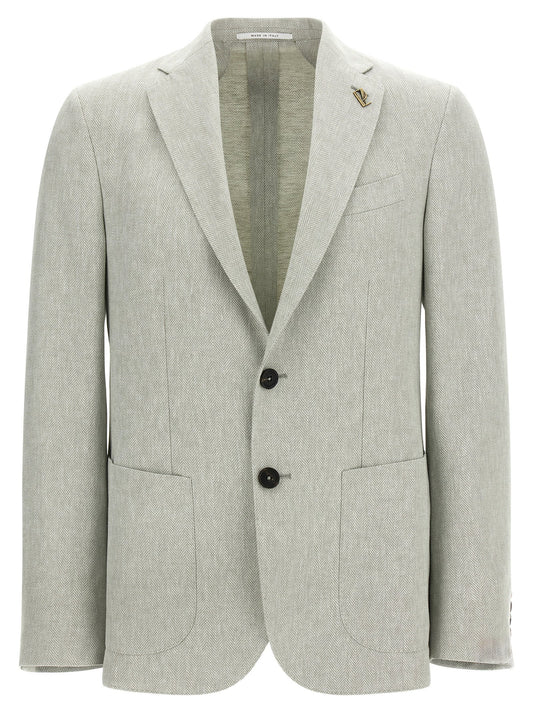 This Blazer by Pal Zileri for men in polyester & linen bicolour, green, patterned & chevron presents a tailored silhouette, meticulously tailored with a tailored and distinctive for a tailored finish.