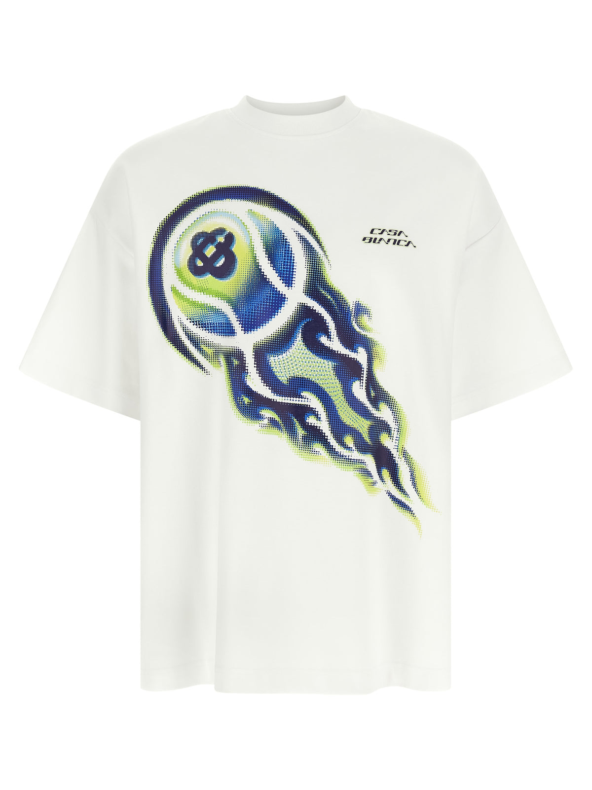 T-Shirt by Casablanca for men in stretch organic cotton white & print features an edgy silhouette, meticulously detailed with a sophisticated short-sleeve and crew neckline for a truly edgy finish.