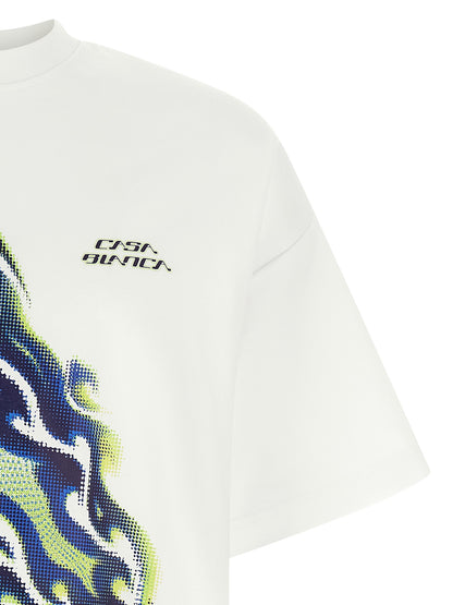 T-Shirt by Casablanca for men in stretch organic cotton white & print showcases a dramatic silhouette, elegantly detailed with a dramatic crew neckline and for a truly dramatic finish.