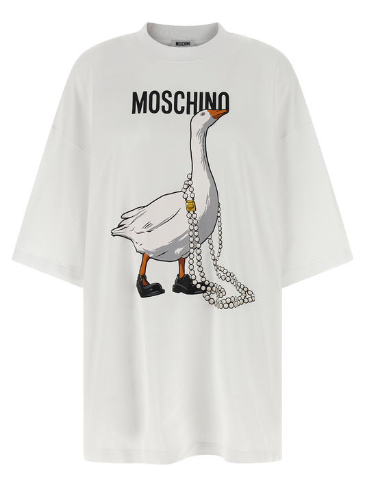 Dress by Moschino for women in cotton white & print presents a sinuous silhouette, showcasing a sophisticated crew neckline and short-sleeve detailed with a sinuous short mini for a refined finish.