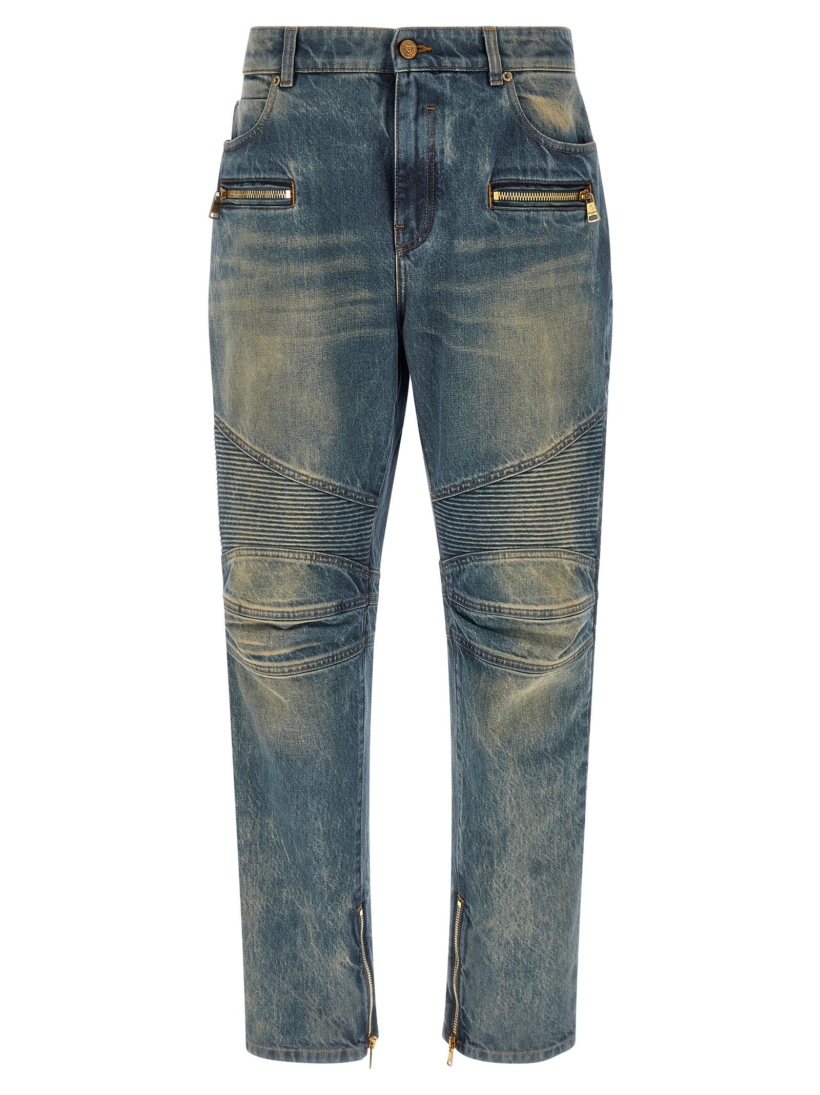 Jeans by Balmain for men in cotton denim blue presents a tailored silhouette, showcasing a tailored straight-leg and long cut with a refined low rise for a truly tailored aesthetic.