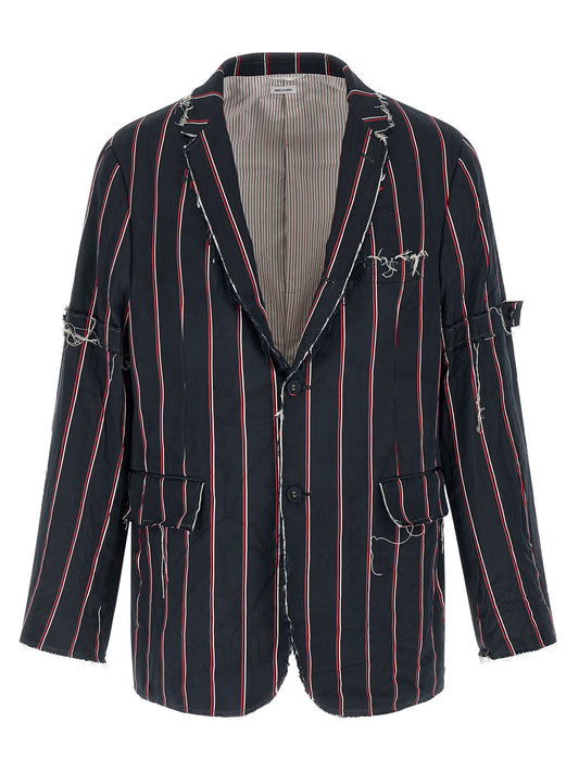 Blazer by Thom Browne for men in cotton & silk blue, patterned & striped features an crisp silhouette with sophisticated and a crisp for a truly crisp finish.