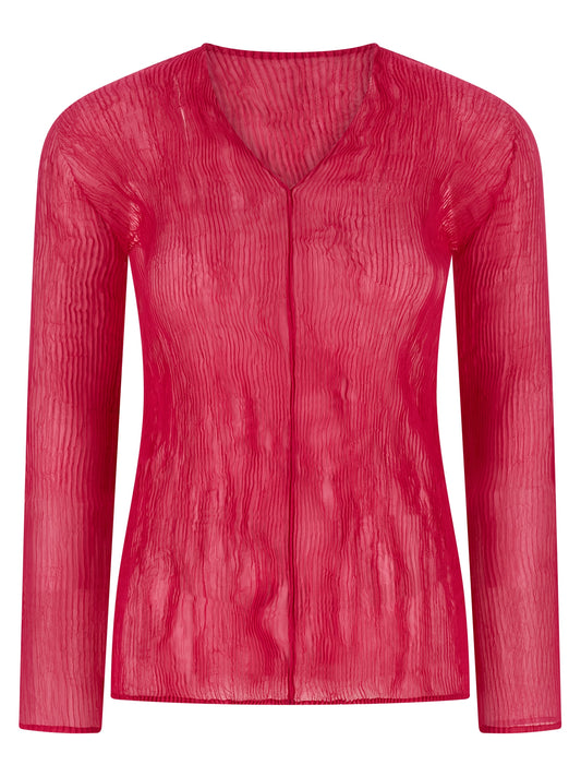 Issey Miyake Women's Long-Sleeve V Neck Polyester Chiffon Shirt - Fuchsia Transparent