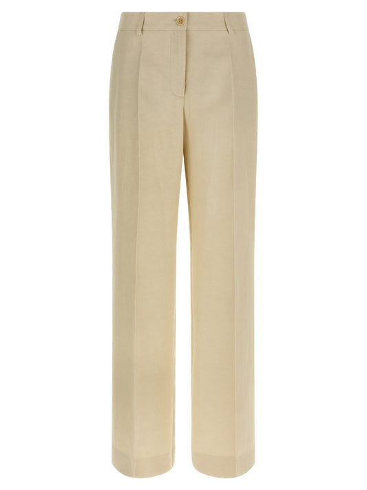 Trousers by P.A.R.O.S.H. for women in linen & viscose beige presents a perennial silhouette, meticulously tailored with a wide cut, long finish, and an elegant .
