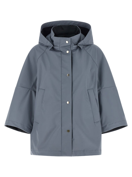 Hooded Windbreaker Jacket by MooRER for women in polyester & polyurethane blue presents a resilient silhouette, artfully detailed with a sophisticated hooded shirt-collar neckline and functional pockets, hooded & windproof for a resilient finish.