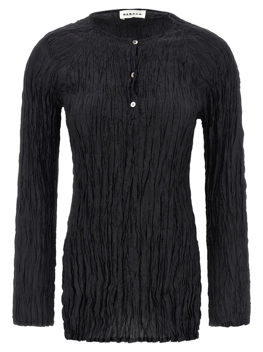Blouse by P.A.R.O.S.H. for women in silk black, featuring a nuanced long-sleeve and nuanced round neckline for a sophisticated finish.