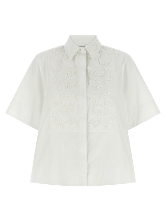 Blouse by P.A.R.O.S.H. for women in cotton white showcases a sharp silhouette, elegantly detailed with a sharp and sharp short-sleeve.