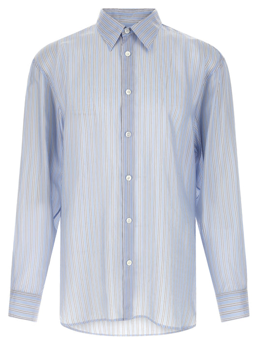 Shirt by Dries Van Noten for men in cupro & copper copper, light-blue, patterned & striped features an architectural silhouette with a refined long-sleeve and elegant for a architectural look.