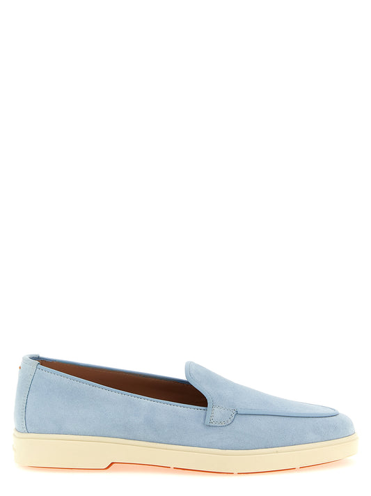 Flat Loafer Slip-On Shoes by Santoni for women in suede calfskin & lamb leather light-blue features an ergonomic silhouette, perfectly showcasing Women's Suede Calfskin & Lamb Leather Flat Loafer Slip-On Shoes with its distinct flat and elegant .