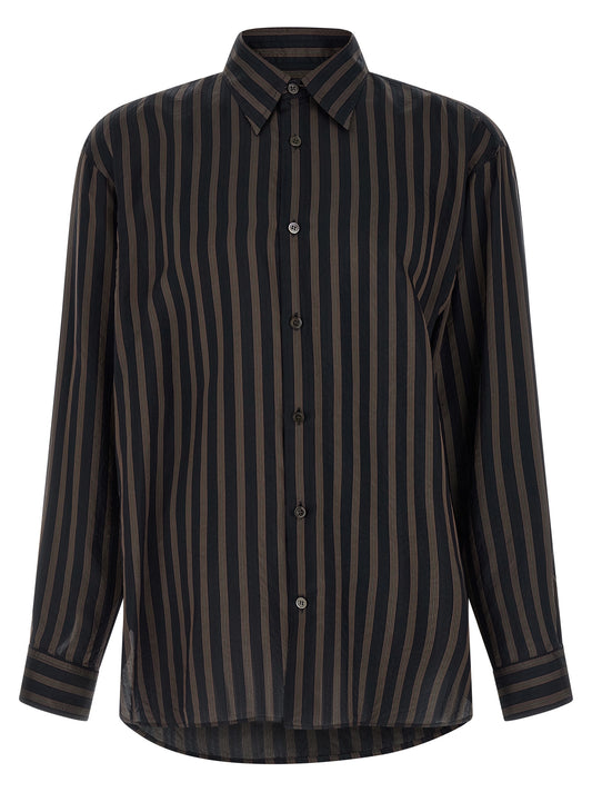 Shirt by Dries Van Noten for men in cupro & copper black, copper, patterned & striped features an architectural silhouette with a refined long-sleeve and elegant for a architectural look.