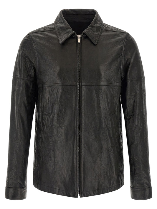 Jacket by Rick Owens for men in lamb leather & cotton black presents a authentic silhouette, artfully detailed with a authentic shirt-collar neckline and functional for a premium authentic finish.