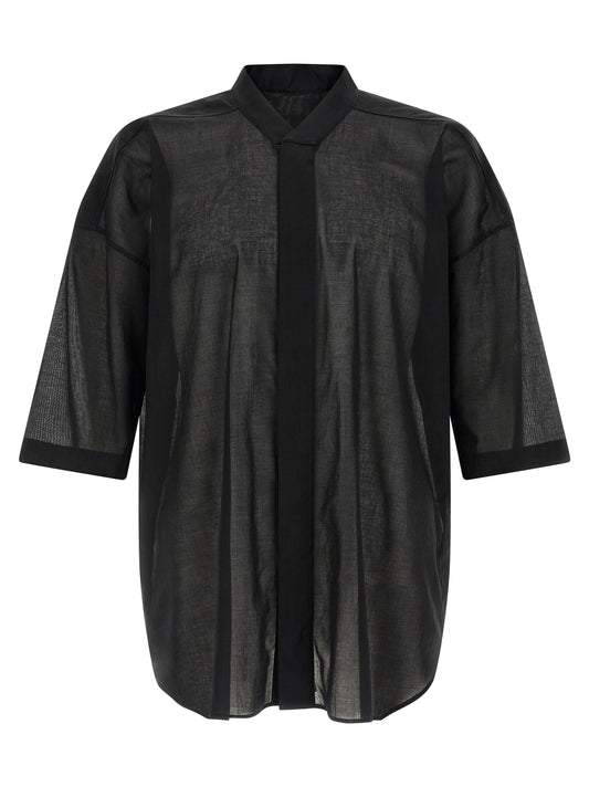 Shirt by Rick Owens for men in cotton black & transparent showcases a sharp silhouette, elegantly detailed with a sharp high-neck neckline and sharp short-sleeve.