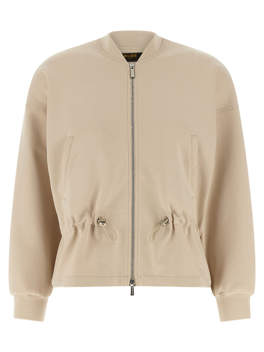 Activewear Sweatshirt by MooRER for women in plush polyester & cotton beige presents a dynamic silhouette, featuring a dynamic high-neck neckline and long-sleeve detailed with functional .