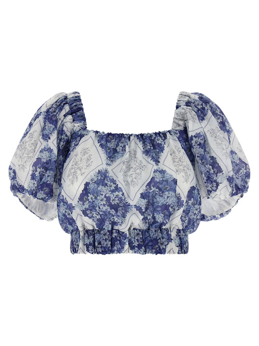 Blouse by Twinset for women in ramie & polyester blue, patterned, floral & print presents a discerning silhouette, showcasing a sophisticated square neckline and for a truly discerning finish.
